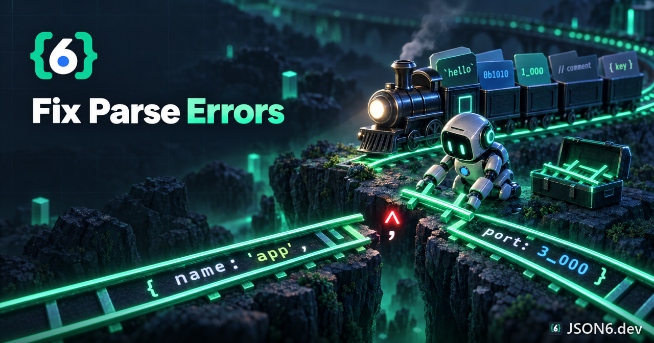 A train stopped at a broken code track with a caret marker and a repair robot fixing it